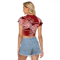 Aotearoa Maori Koru Curves Raglan Cropped T Shirt Silver Ferns - Crimson Red LT7 - Polynesian Pride