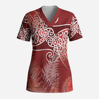 Aotearoa Maori Koru Curves Scrub Top Silver Ferns - Crimson Red LT7 Adult Red - Polynesian Pride