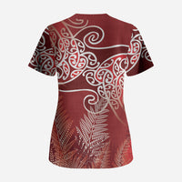 Aotearoa Maori Koru Curves Scrub Top Silver Ferns - Crimson Red LT7 - Polynesian Pride