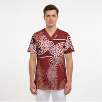 Aotearoa Maori Koru Curves Scrub Top Silver Ferns - Crimson Red LT7 - Polynesian Pride