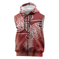 Aotearoa Maori Koru Curves Sleeveless Zip Hoodie Silver Ferns - Crimson Red LT7 Red - Polynesian Pride