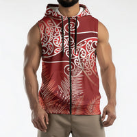 Aotearoa Maori Koru Curves Sleeveless Zip Hoodie Silver Ferns - Crimson Red LT7 - Polynesian Pride