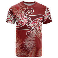Aotearoa Maori Koru Curves T Shirt Silver Ferns - Crimson Red LT7 Red - Polynesian Pride