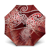 Aotearoa Maori Koru Curves Umbrella Silver Ferns - Crimson Red LT7 One Size Folded 11.42 inch Opened Diameter 37.4 inch Red - Polynesian Pride