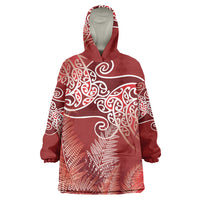 Aotearoa Maori Koru Curves Wearable Blanket Hoodie Silver Ferns - Crimson Red LT7 One Size Red - Polynesian Pride
