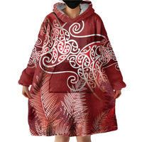 Aotearoa Maori Koru Curves Wearable Blanket Hoodie Silver Ferns - Crimson Red LT7 - Polynesian Pride