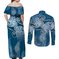 Aotearoa Maori Koru Curves Couples Matching Off Shoulder Maxi Dress and Long Sleeve Button Shirt Silver Ferns - Navy Blue LT7 - Polynesian Pride