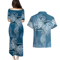 Aotearoa Maori Koru Curves Couples Matching Puletasi and Hawaiian Shirt Silver Ferns - Navy Blue LT7 - Polynesian Pride
