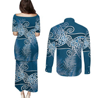 Aotearoa Maori Koru Curves Couples Matching Puletasi and Long Sleeve Button Shirt Silver Ferns - Navy Blue LT7 - Polynesian Pride