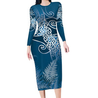 Aotearoa Maori Koru Curves Family Matching Long Sleeve Bodycon Dress and Hawaiian Shirt Silver Ferns - Navy Blue