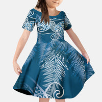Aotearoa Maori Koru Curves Family Matching Off The Shoulder Long Sleeve Dress and Hawaiian Shirt Silver Ferns - Navy Blue