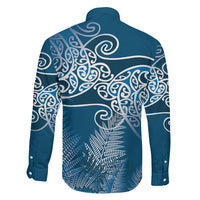 Aotearoa Maori Koru Curves Family Matching Off The Shoulder Long Sleeve Dress and Hawaiian Shirt Silver Ferns - Navy Blue
