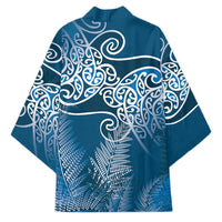 Aotearoa Maori Koru Curves Kimono Silver Ferns - Navy Blue LT7 - Polynesian Pride
