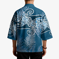 Aotearoa Maori Koru Curves Kimono Silver Ferns - Navy Blue LT7 - Polynesian Pride