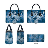 Aotearoa Maori Koru Curves Leather Bag Silver Ferns - Navy Blue LT7 - Polynesian Pride