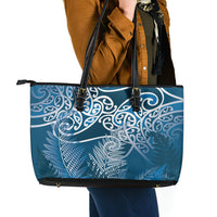 Aotearoa Maori Koru Curves Leather Tote Bag Silver Ferns - Navy Blue LT7 - Polynesian Pride
