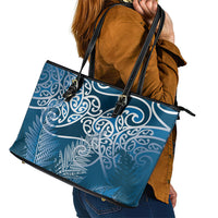 Aotearoa Maori Koru Curves Leather Tote Bag Silver Ferns - Navy Blue LT7 - Polynesian Pride