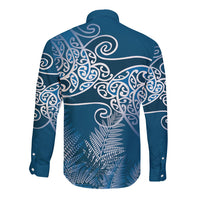 Aotearoa Maori Koru Curves Long Sleeve Button Shirt Silver Ferns - Navy Blue LT7 - Polynesian Pride