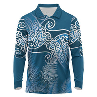 Aotearoa Maori Koru Curves Long Sleeve Polo Shirt Silver Ferns - Navy Blue LT7 Navy Blue - Polynesian Pride