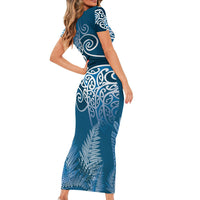Aotearoa Maori Koru Curves Short Sleeve Bodycon Dress Silver Ferns - Navy Blue LT7 - Polynesian Pride