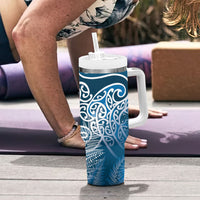 Aotearoa Maori Koru Curves Tumbler With Handle Silver Ferns - Navy Blue LT7 - Polynesian Pride