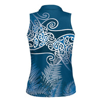 Aotearoa Maori Koru Curves Women Sleeveless Polo Shirt Silver Ferns - Navy Blue LT7 - Polynesian Pride
