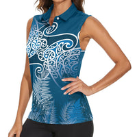 Aotearoa Maori Koru Curves Women Sleeveless Polo Shirt Silver Ferns - Navy Blue LT7 - Polynesian Pride