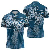 Aotearoa Maori Koru Curves Zipper Polo Shirt Silver Ferns - Navy Blue LT7 - Polynesian Pride