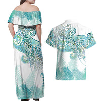 Aotearoa Maori Koru Curves Couples Matching Off Shoulder Maxi Dress and Hawaiian Shirt Mossy Paua Shell LT7 - Polynesian Pride