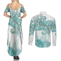 Aotearoa Maori Koru Curves Couples Matching Summer Maxi Dress and Long Sleeve Button Shirt Mossy Paua Shell LT7 - Polynesian Pride