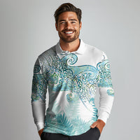 Aotearoa Maori Koru Curves Long Sleeve Polo Shirt Mossy Paua Shell LT7 - Polynesian Pride