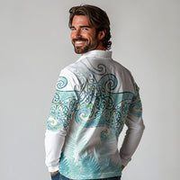 Aotearoa Maori Koru Curves Long Sleeve Polo Shirt Mossy Paua Shell LT7 - Polynesian Pride
