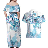 Aotearoa Maori Koru Curves Couples Matching Off Shoulder Maxi Dress and Hawaiian Shirt Aqua Paua Shell LT7 - Polynesian Pride