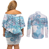 Aotearoa Maori Koru Curves Couples Matching Off Shoulder Short Dress and Long Sleeve Button Shirt Aqua Paua Shell LT7 - Polynesian Pride