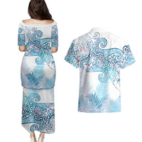 Aotearoa Maori Koru Curves Couples Matching Puletasi and Hawaiian Shirt Aqua Paua Shell LT7 - Polynesian Pride