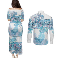 Aotearoa Maori Koru Curves Couples Matching Puletasi and Long Sleeve Button Shirt Aqua Paua Shell LT7 - Polynesian Pride