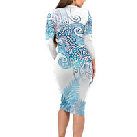 Aotearoa Maori Koru Curves Family Matching Long Sleeve Bodycon Dress and Hawaiian Shirt Aqua Paua Shell