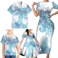 Aotearoa Maori Koru Curves Family Matching Short Sleeve Bodycon Dress and Hawaiian Shirt Aqua Paua Shell