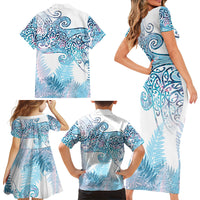Aotearoa Maori Koru Curves Family Matching Short Sleeve Bodycon Dress and Hawaiian Shirt Aqua Paua Shell