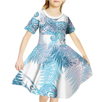 Aotearoa Maori Koru Curves Kid Short Sleeve Dress Aqua Paua Shell LT7 - Polynesian Pride