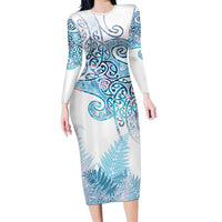 Aotearoa Maori Koru Curves Long Sleeve Bodycon Dress Aqua Paua Shell LT7 Long Dress Blue - Polynesian Pride