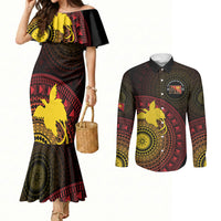 Papua New Guinea Independence Personalized Couples Matching Mermaid Dress and Long Sleeve Button Shirt Tapa Circle LT7 Black - Polynesian Pride
