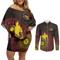 Papua New Guinea Independence Personalized Couples Matching Off Shoulder Short Dress and Long Sleeve Button Shirt Tapa Circle LT7 Black - Polynesian Pride