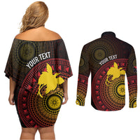Papua New Guinea Independence Personalized Couples Matching Off Shoulder Short Dress and Long Sleeve Button Shirt Tapa Circle LT7 - Polynesian Pride