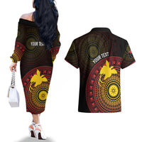 Papua New Guinea Independence Personalized Couples Matching Off The Shoulder Long Sleeve Dress and Hawaiian Shirt Tapa Circle