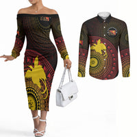 Papua New Guinea Independence Personalized Couples Matching Off The Shoulder Long Sleeve Dress and Long Sleeve Button Shirt Tapa Circle LT7 Black - Polynesian Pride