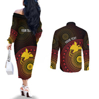 Papua New Guinea Independence Personalized Couples Matching Off The Shoulder Long Sleeve Dress and Long Sleeve Button Shirt Tapa Circle LT7 - Polynesian Pride