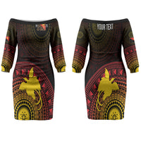 Papua New Guinea Independence Personalized Couples Matching Off The Shoulder Long Sleeve Dress and Long Sleeve Button Shirt Tapa Circle LT7 - Polynesian Pride