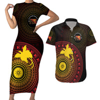 Papua New Guinea Independence Personalized Couples Matching Short Sleeve Bodycon Dress and Hawaiian Shirt Tapa Circle LT7 Black - Polynesian Pride