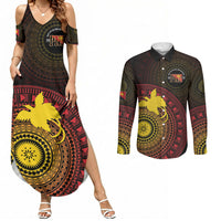 Papua New Guinea Independence Personalized Couples Matching Summer Maxi Dress and Long Sleeve Button Shirt Tapa Circle LT7 Black - Polynesian Pride